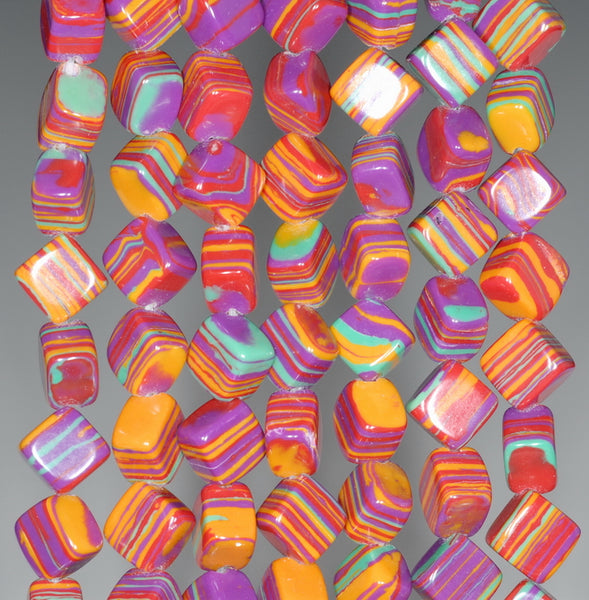 9MM Rainbow Matrix Turquoise Gemstone Square Cube Diagonal Loose Beads 15.5 inch Full Strand (90183334-A154)