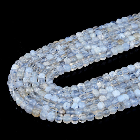 4MM Chalcedony Blue Lace Agate Gemstone Grade AA Micro Faceted Square Cube Loose Beads (P23)