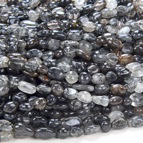 6-8MM Natural Black Rutilated Quartz Gemstone Pebble Nugget Loose Beads (D183)