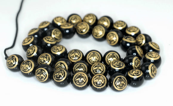 14mm 22k Gold Carved Black Agate Gemstone Round Loose Beads 15.5 inch Full Strand (90187316-722B)