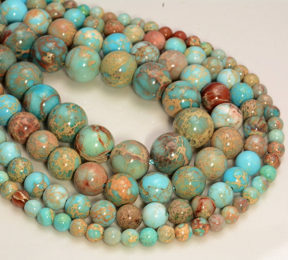 Turquoise Blue Sea Sediment Imperial Jasper Gemstone Round 4mm 6mm 8mm 10mm Loose Beads 15.5 inch Full Strand (A270)