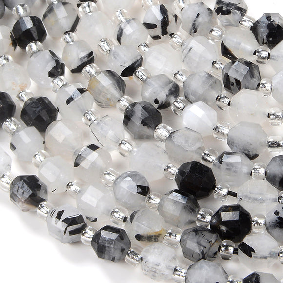 6MM Black Tourmaline Rutilated Quartz Gemstone Grade AAA Faceted Prism Double Point Cut Loose Beads (D111)