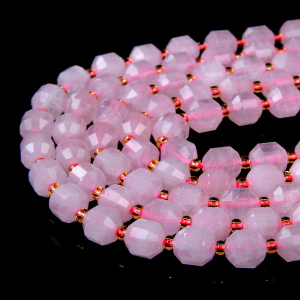 6MM Natural Madagascar Rose Quartz Gemstone Faceted Prism Double Point Cut Loose Beads (D38)