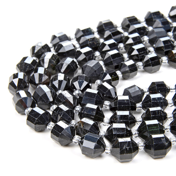 6MM Natural Black Tourmaline Gemstone Faceted Prism Double Point Cut Loose Beads (D29)